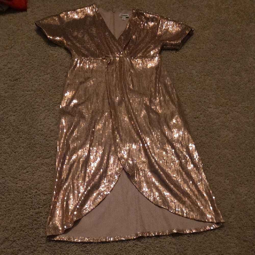 Express Gold Sequin High Low Dress